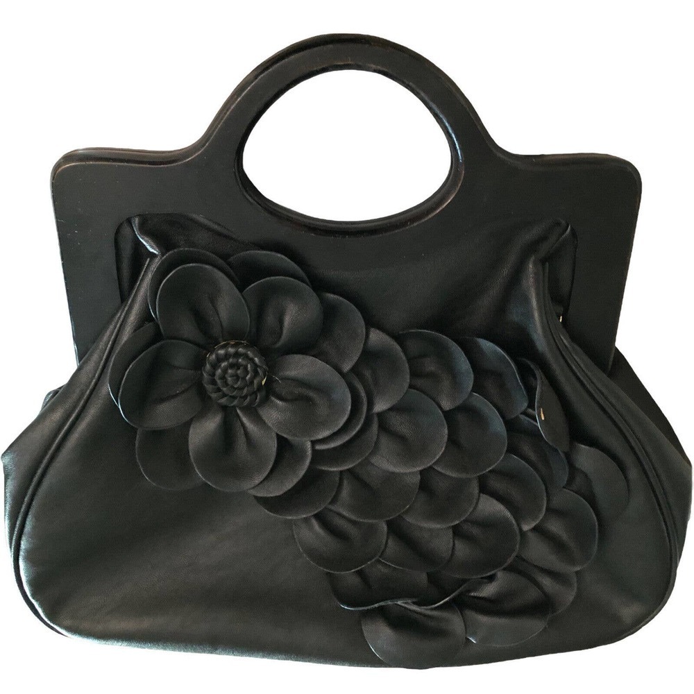 Scarleton Los Angeles Rose Wood Handle Handbag Black Purse Fashion Vegan